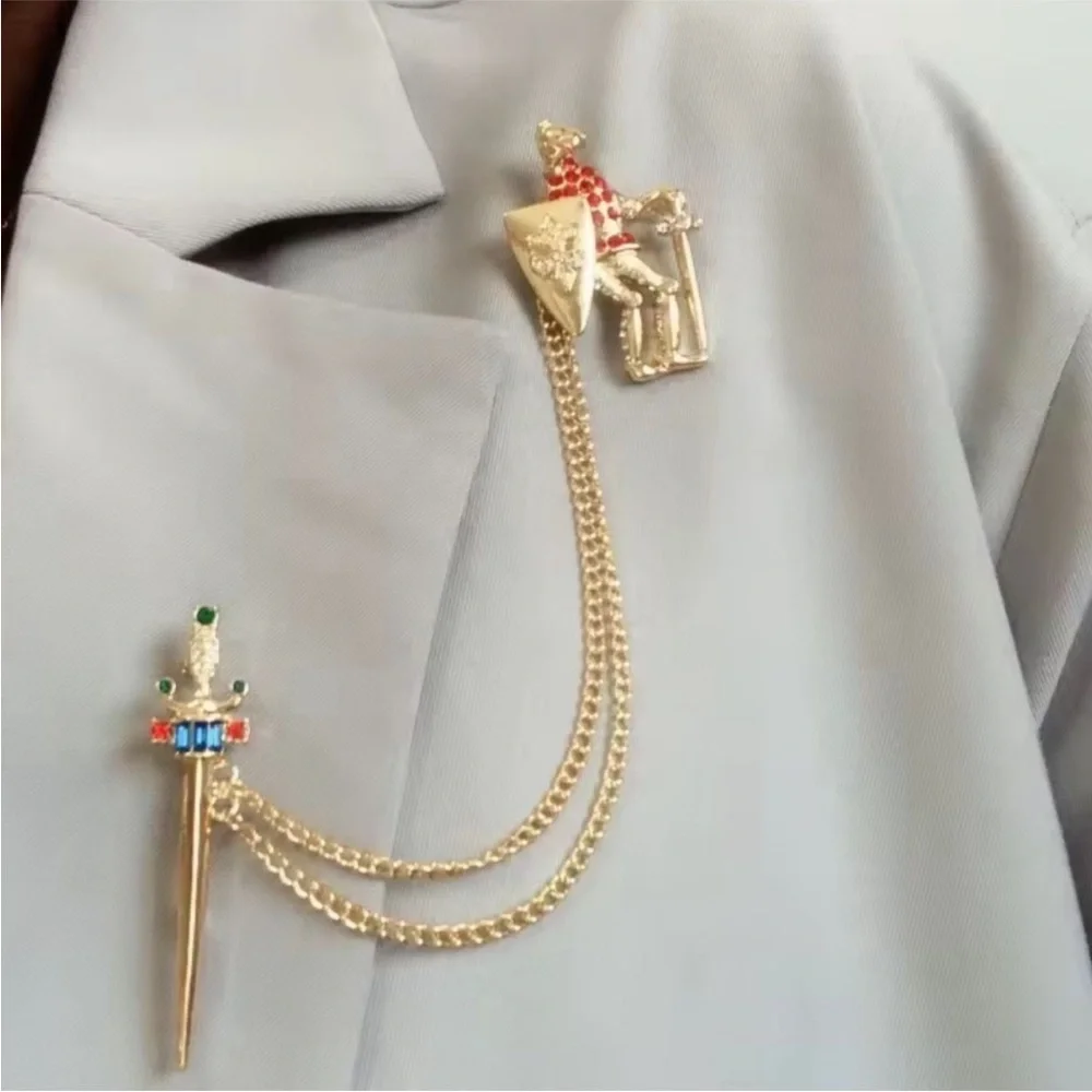 Gold Knight and Sword Chain Brooch